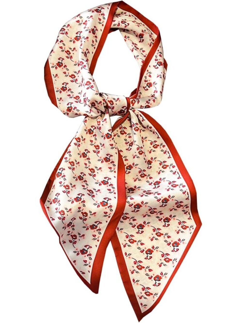 Women's Small Red Flowers Head Fashion Scarves Long Skinny Silky Hair Bags Scarf - Picture 1 of 6